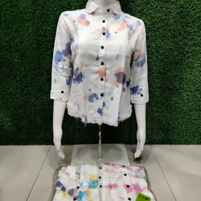 White with a mix of blue, pink, and purple tie-dye patterns. Shirt