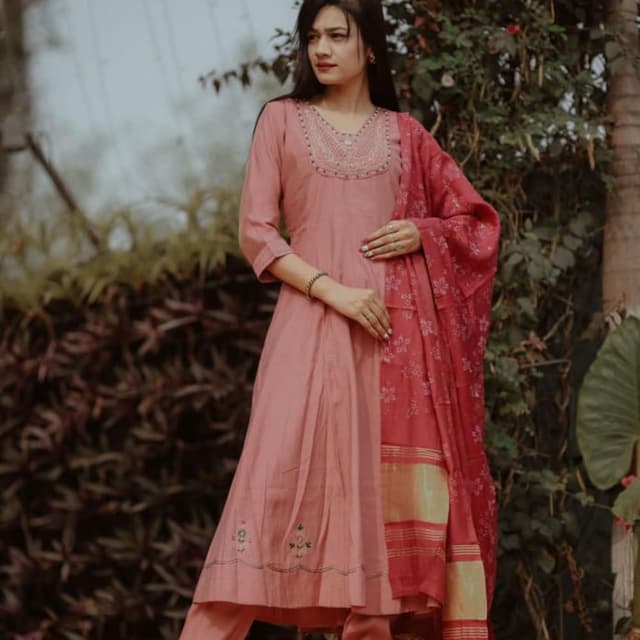 Dusty Rose and Red Anarkali Suit Set
