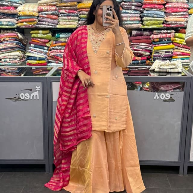 Peach, Fuschia Sharara Suit