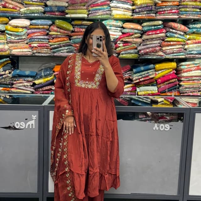Red-Brown with multi-colored embellishments Anarkali Suit