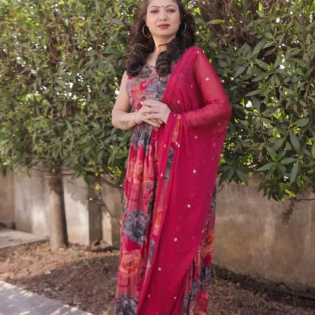 Red, Grey, White Dress with Dupatta