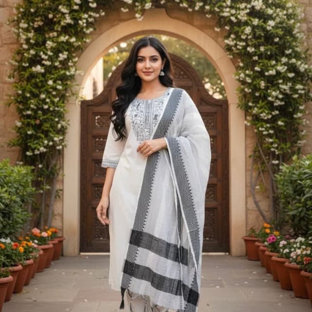 White, Black, Gray Kurta with Pant and Dupatta
