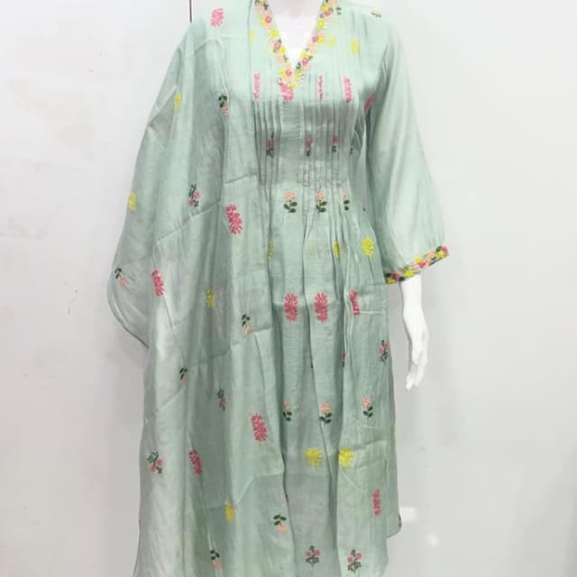 Seafoam green, with floral embroidery in shades of pink, yellow, and green. Salwar Kameez with Dupatta
