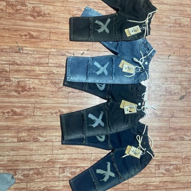 Various shades of blue, with gray accents Jeans