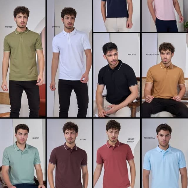 Variety of solid colors including white, teal navy, flamingo, black, sand stone, mint, teak, rust brown, and blue bell. Polo Shirt