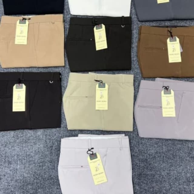 Variety of solid colors including black, white, gray, tan, dark brown, khaki, and light purple. Trousers/Pants
