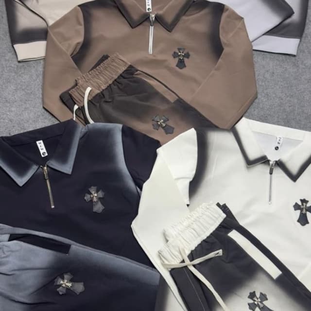 Various, including black, brown, beige, and white, with a gradient effect towards darker tones. Tracksuit Set
