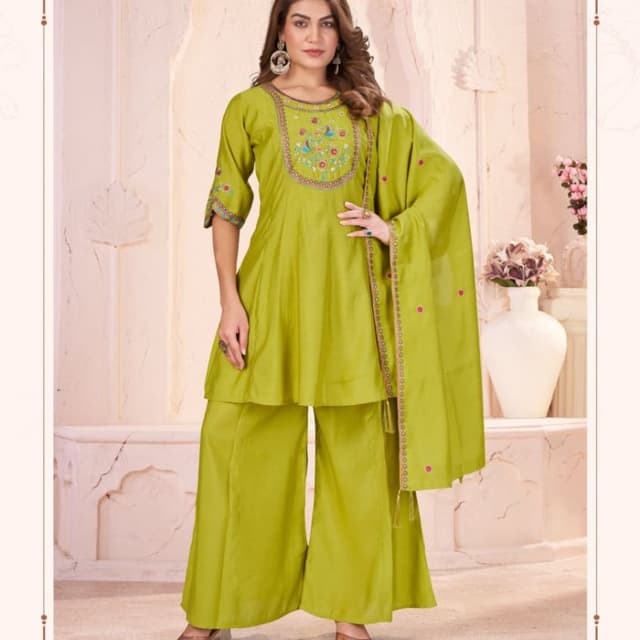 Lime Green, with accents of pink, blue, and green in the embroidery. Kurta with Palazzo Pants and Dupatta