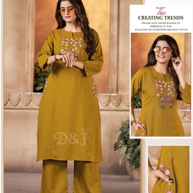 Mustard yellow with multicolor embroidery Kurta with Palazzo Pants