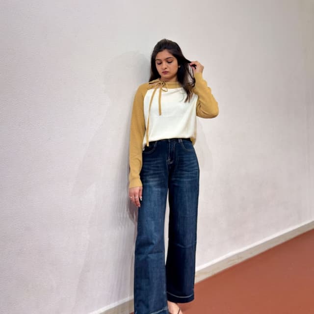 Mustard Yellow, White, and Dark Blue Top and Jeans