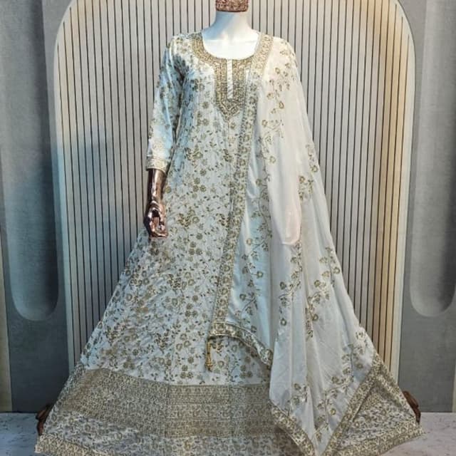 White and Gold Anarkali Suit with Dupatta