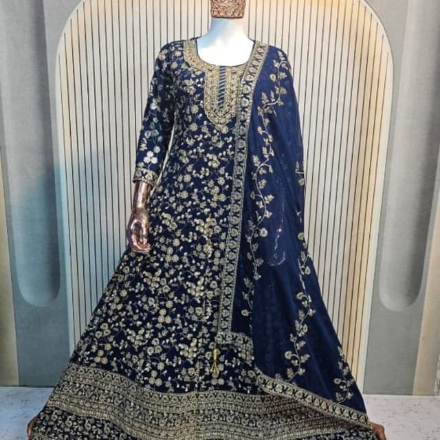 Navy Blue and Gold Anarkali Suit with Dupatta
