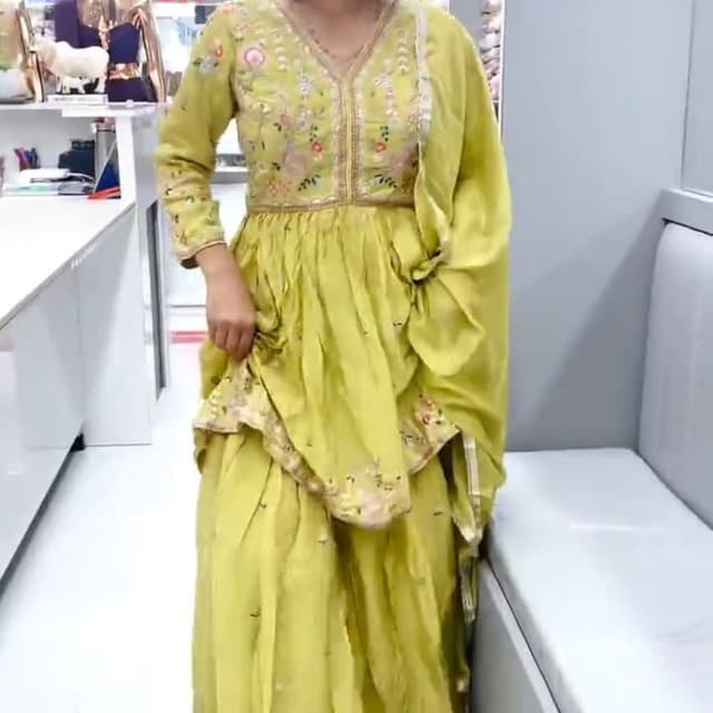 Lime Green, with accents of white, pink, and gold Anarkali Suit