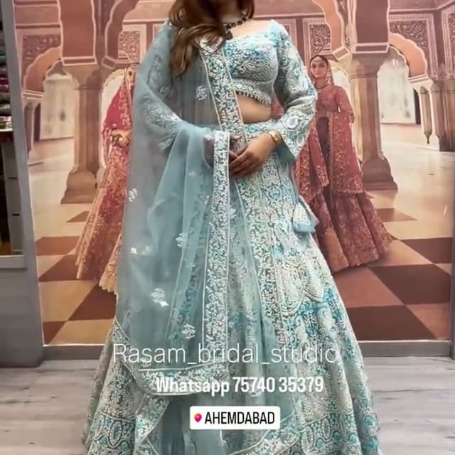 Seafoam green, white, and hints of turquoise Lehenga Choli with dupatta