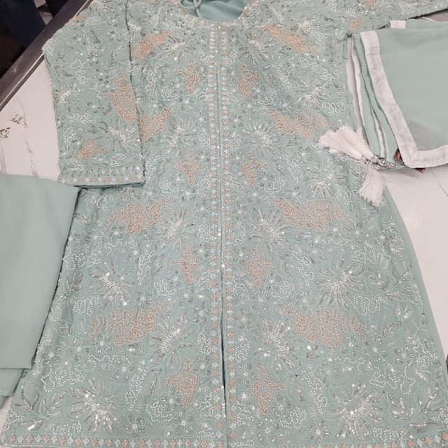 Seafoam green, peach, silver Kurta