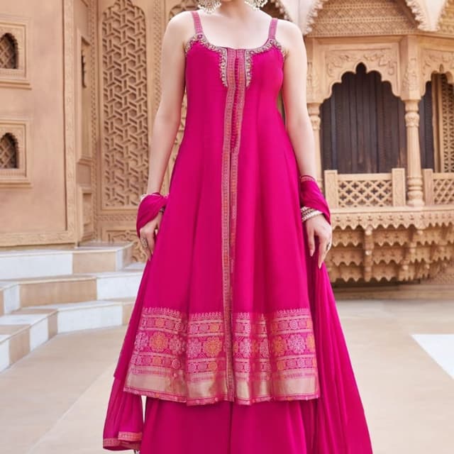 Magenta, Gold Anarkali Suit