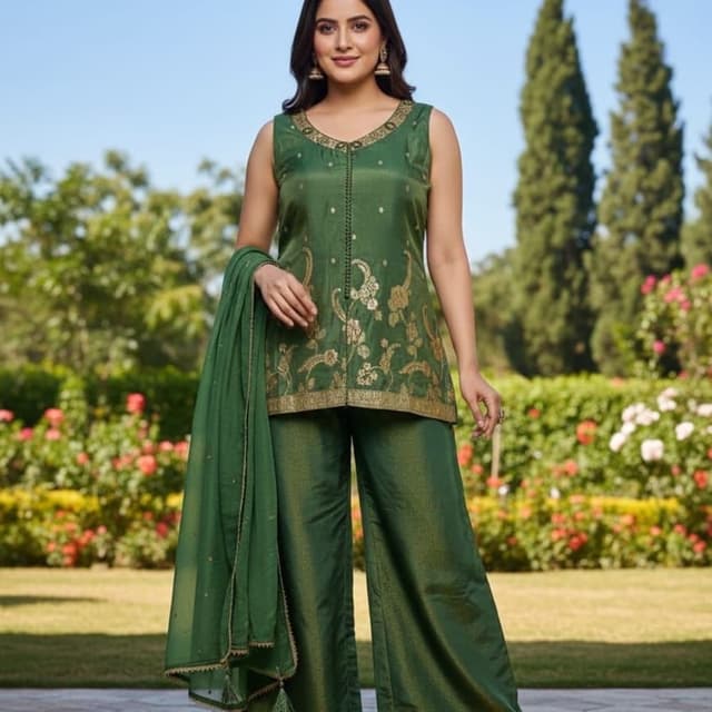 Green and Gold Kurta with Palazzo and Dupatta