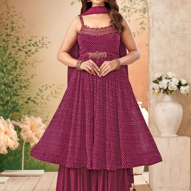 Burgundy with white polka dots and gold accents Sharara Suit