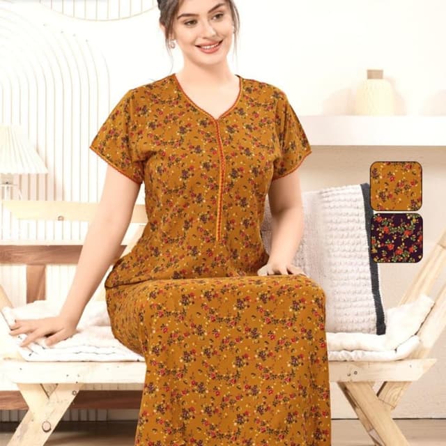 Mustard yellow with red, maroon and brown floral print. Nightgown
