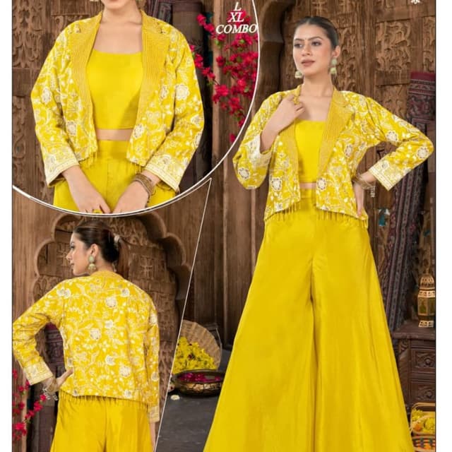 Yellow and White Jacket, Crop Top, Palazzo set