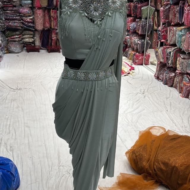 Sage Green and Silver Saree Gown