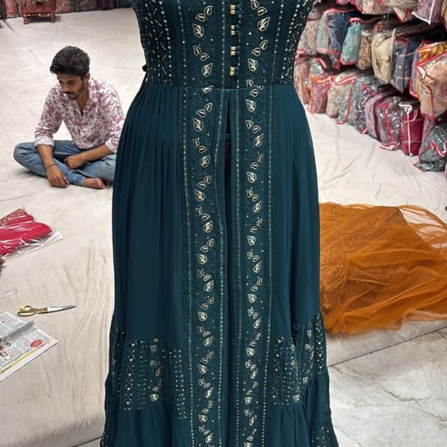 Teal green with gold accents Anarkali Dress