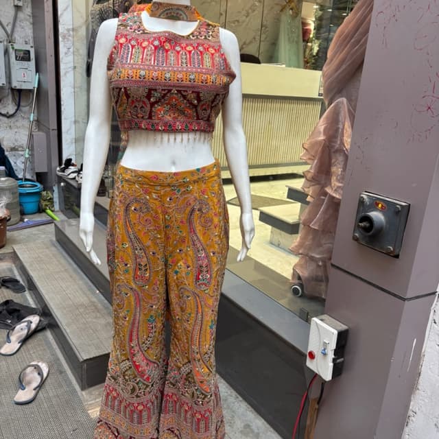 Maroon, Mustard Yellow, Red, Orange, Green, and hints of Blue Crop Top and Palazzo Pants Set