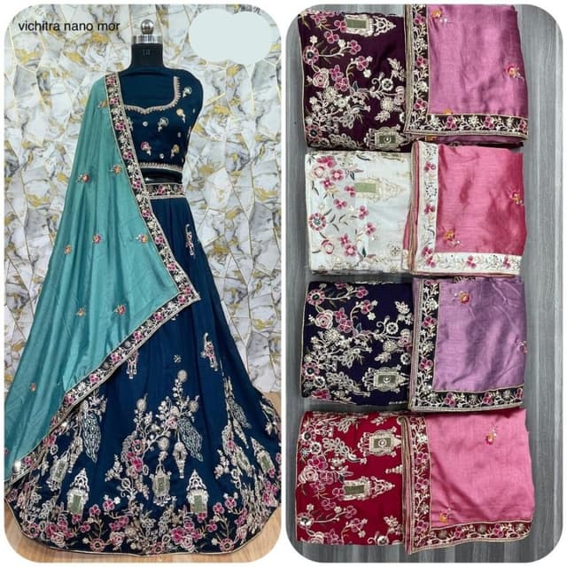 Navy blue, Teal, Pink, Gold Lehenga Choli