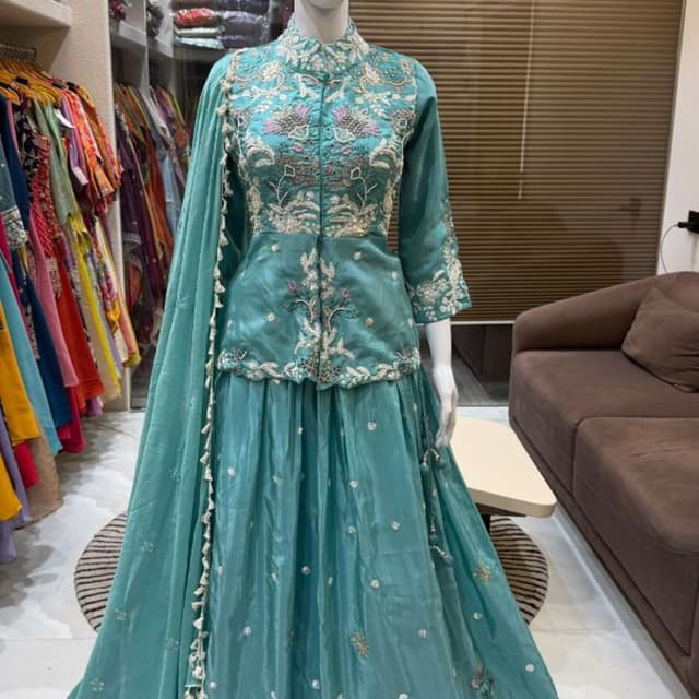 Teal, White, Pink, Gold Lehenga Choli