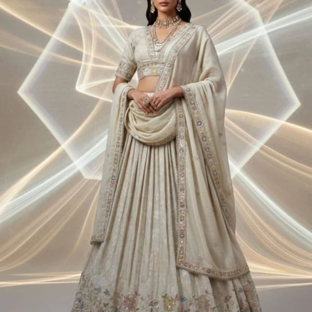 Ivory, Beige, Multicolor embroidery Lehenga Choli