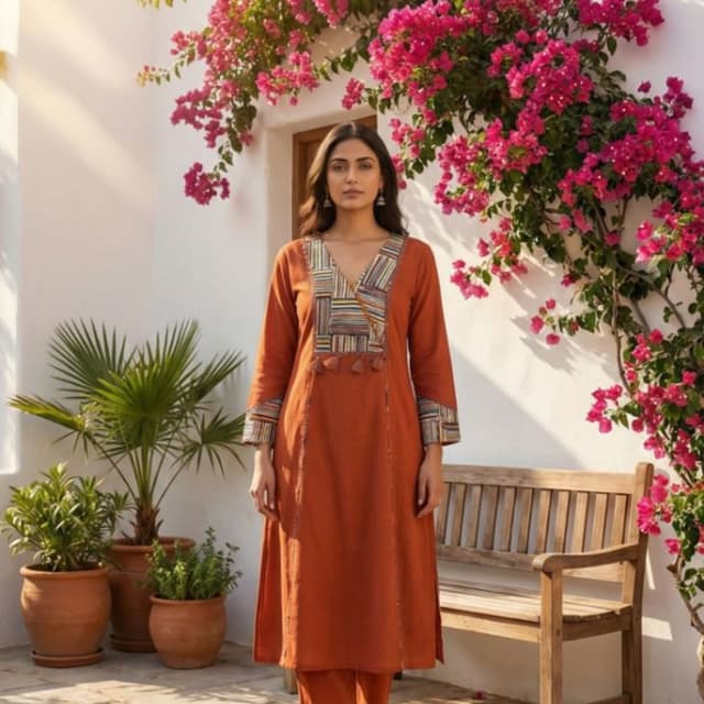 Burnt Orange, with accents of multiple colors in the embellishments Kurta with matching Pants