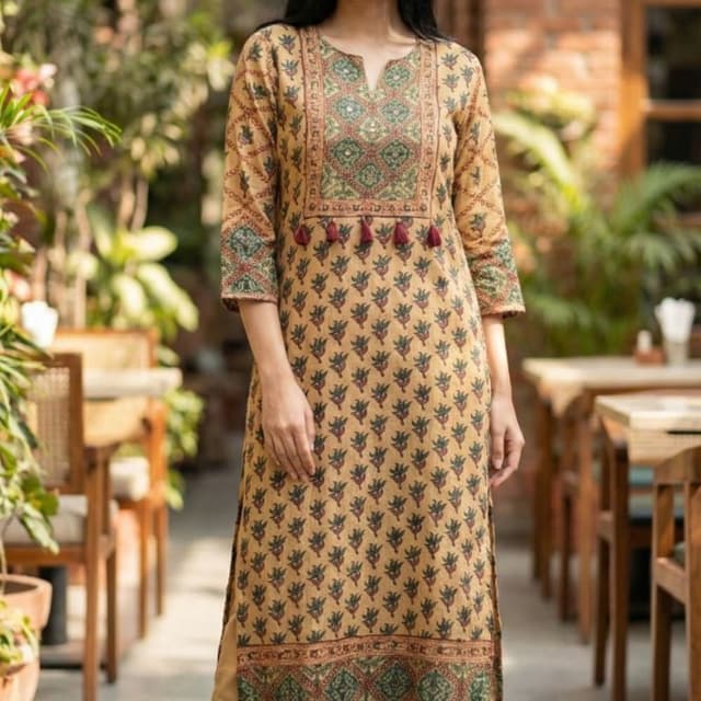 Mustard yellow, green, red, and brown Kurta Pant Set