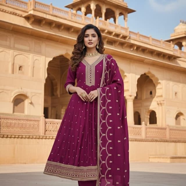 Deep magenta with gold accents Anarkali Suit