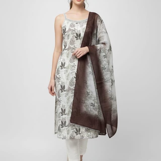 White, Brown, Green Kurta Set with Dupatta