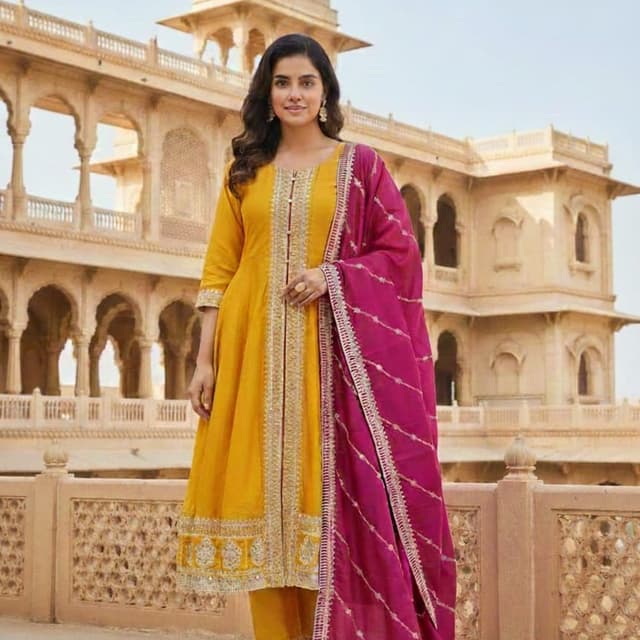 Mustard Yellow and Magenta Salwar Kameez with Dupatta