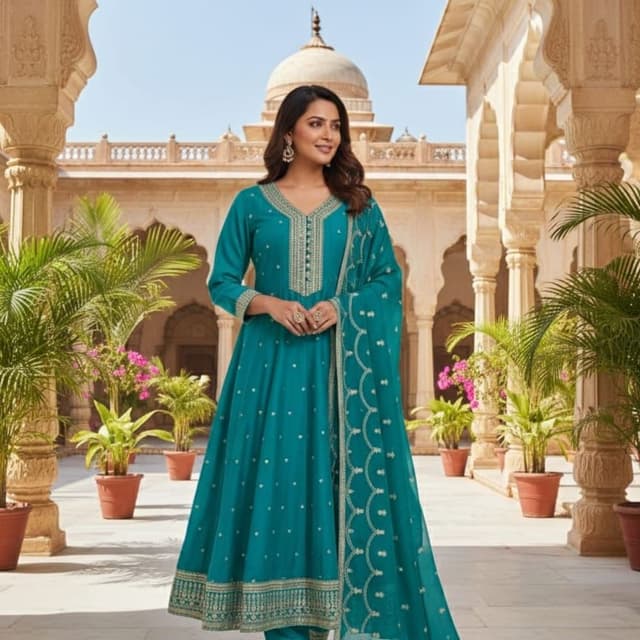 Teal and Gold Anarkali Suit