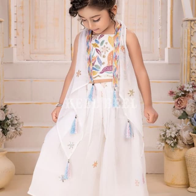 White, with multicolor embroidery accents Sharara Suit