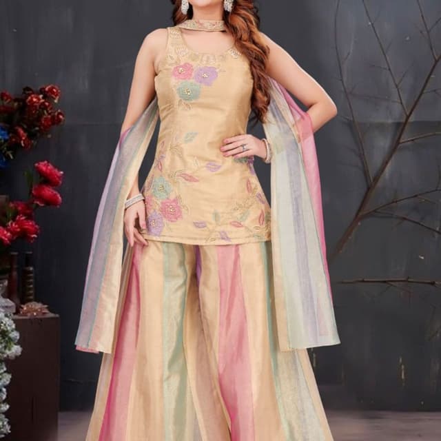 Beige, Pink, Green, Purple Sharara Suit