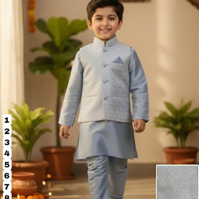 Light Blue and Silver Kurta Set with Nehru Jacket