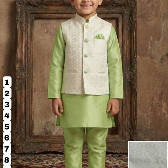 Green and Off-White Kurta Pyjama with Jacket