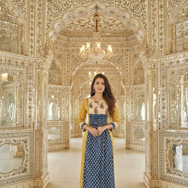 Mustard Yellow, Navy Blue, Beige Dress