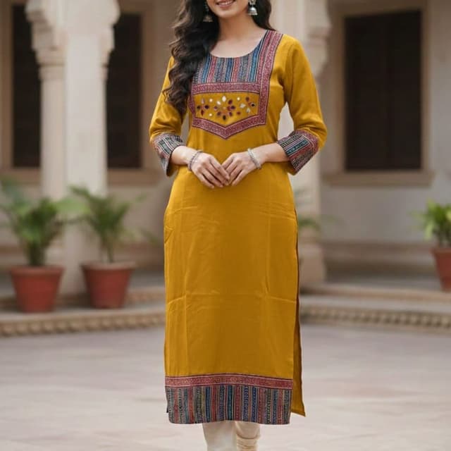 Mustard yellow with multicolor accents (red, blue, and white) Kurta