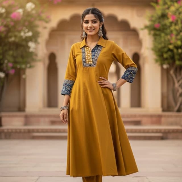 Mustard yellow, navy blue, white Kurta with pants