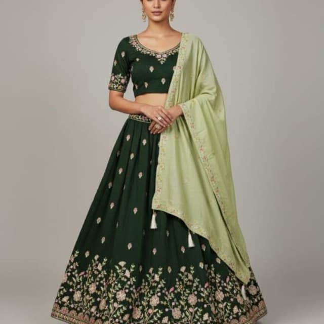 Dark Green, Light Green, Pink, Gold Lehenga Choli