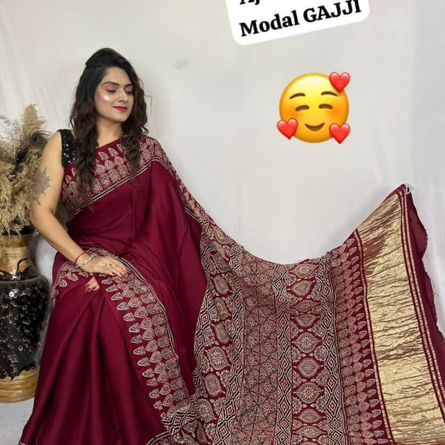 Maroon, Black, Beige Saree