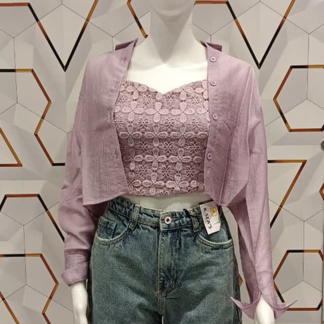 Lavender, Light Blue Top, Jacket, Shorts