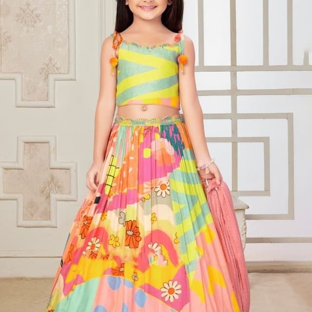 Multicolor, featuring shades of yellow, green, pink, orange, and white. Lehenga Choli