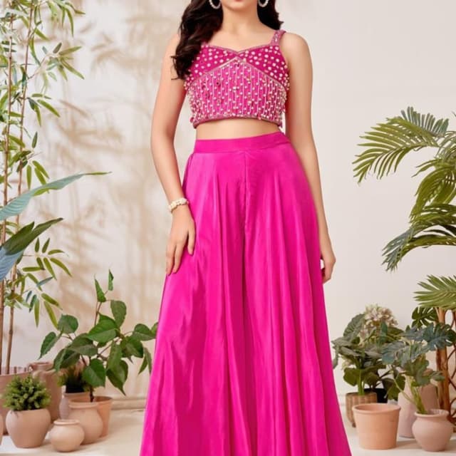 Magenta, Pink Crop Top and Palazzo Set