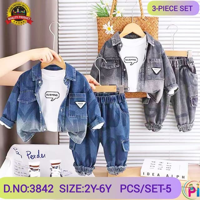 Blue, White, Gray 3-Piece Set (Jacket, T-shirt, Pants)