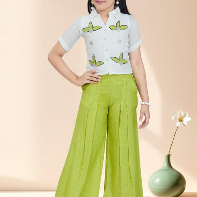 White, Green Top and Palazzo Pants Set